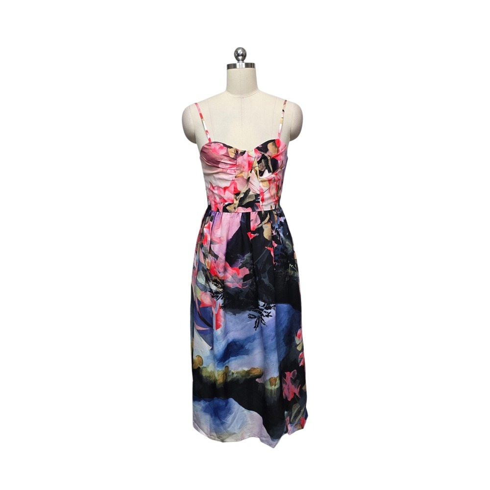 Corey‎ Lynn Calter Anthro Abstract Floral Sweetheart Midi Dress Pink Blue Size 2